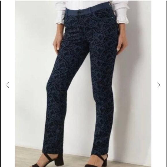 Soft Surroundings Pants Womens Large Petite Navy Blue Baroque Velvet Burnout - Picture 1 of 10